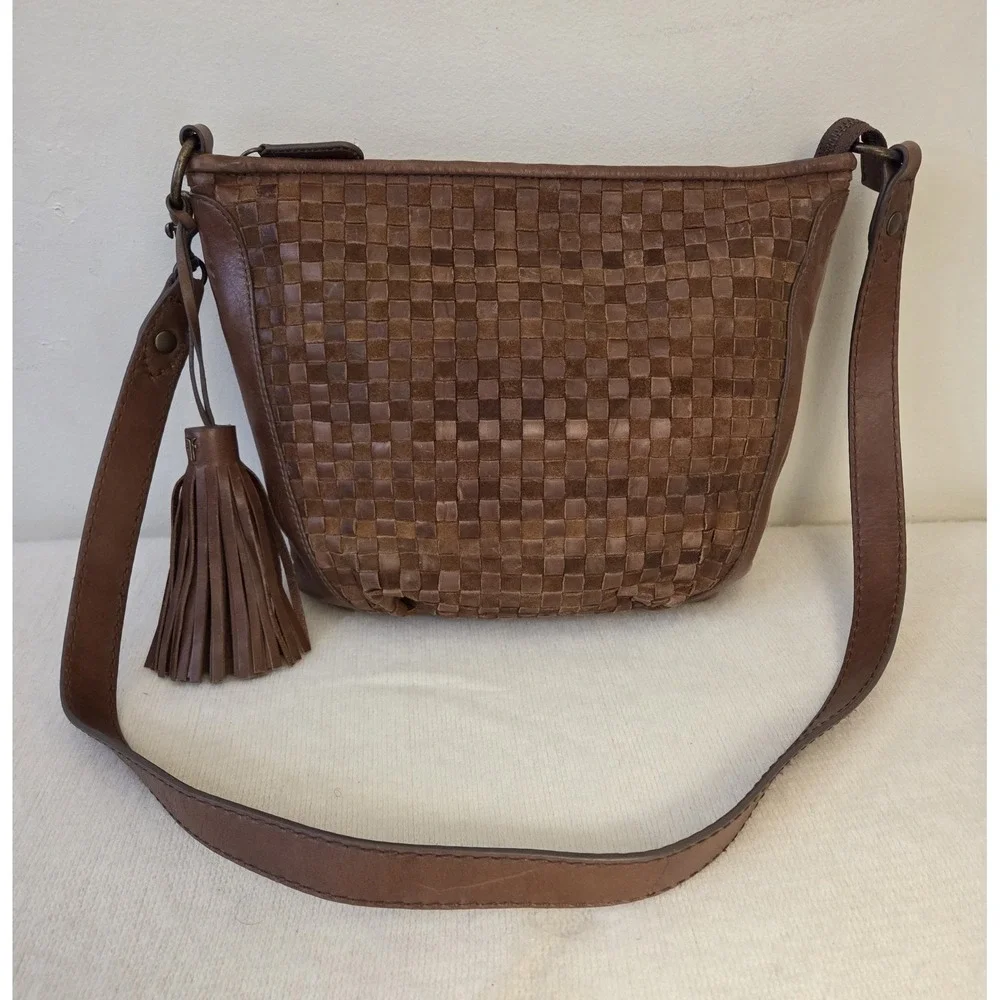 Frye New‎ Oriana Cognac Brown Woven Leather Hobo Shoulder Bag Long Tassel